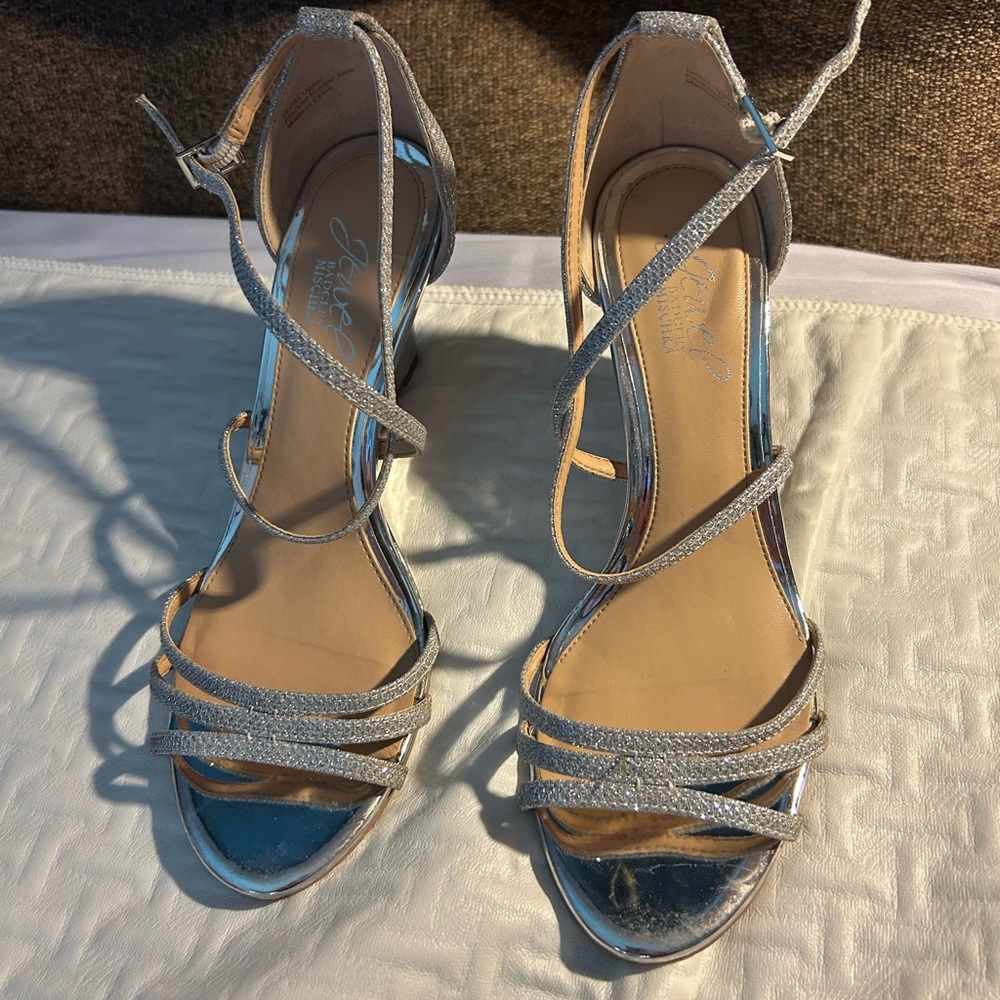 Jewel Badgley Mischka Silver Stiletto Heels, worn once, gently used